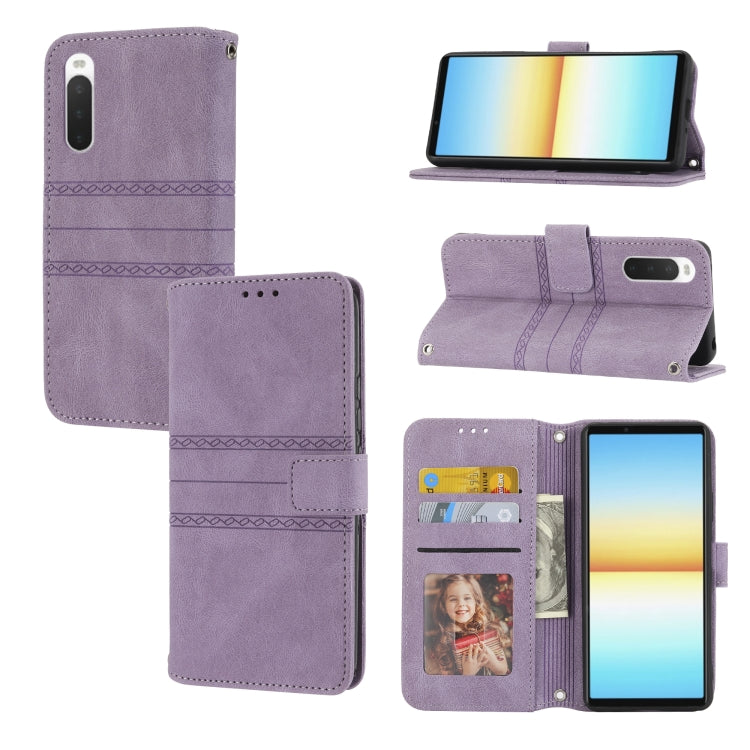 For Sony Xperia 10 IV Embossed Striped Magnetic Buckle Horizontal Flip Phone Leather Case