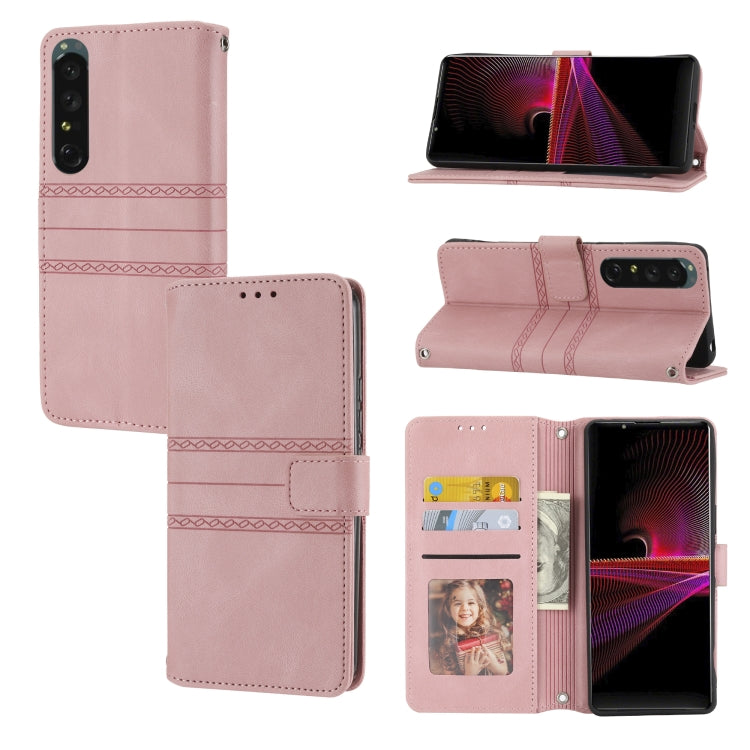 For Sony Xperia 1 IV Embossed Striped Magnetic Buckle Horizontal Flip Phone Leather Case