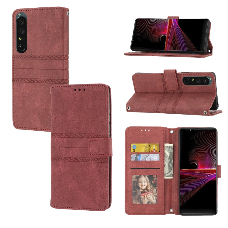 For Sony Xperia 1 IV Embossed Striped Magnetic Buckle Horizontal Flip Phone Leather Case