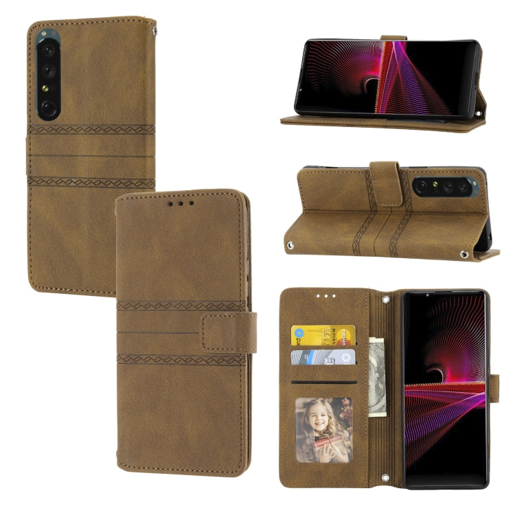 For Sony Xperia 1 IV Embossed Striped Magnetic Buckle Horizontal Flip Phone Leather Case