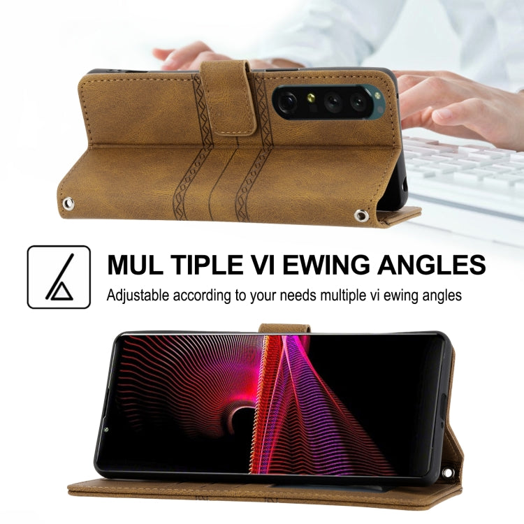 For Sony Xperia 1 IV Embossed Striped Magnetic Buckle Horizontal Flip Phone Leather Case