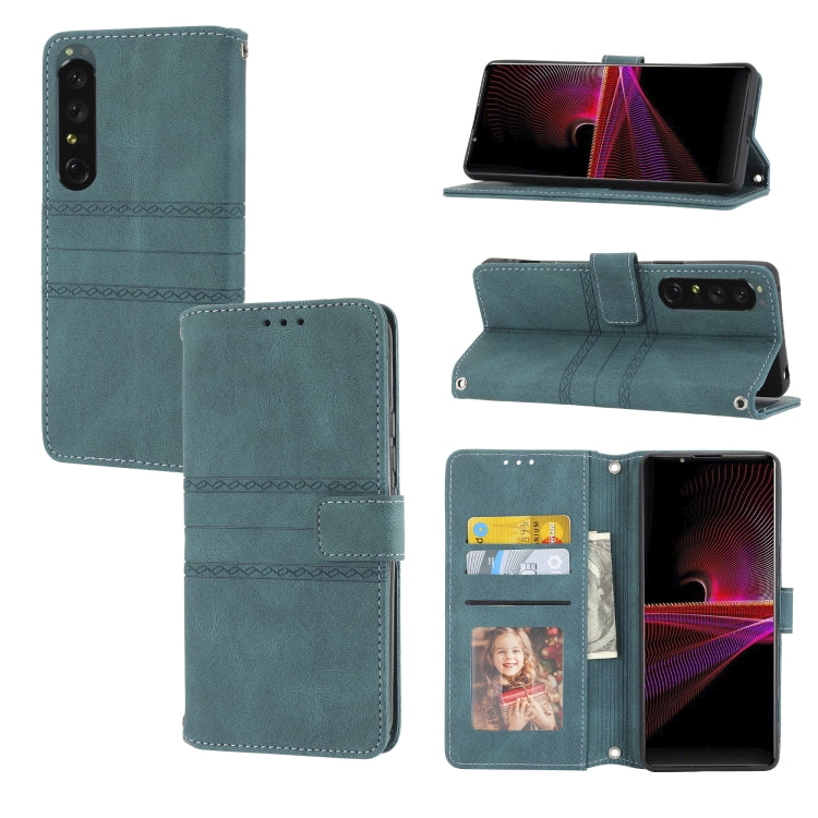 For Sony Xperia 1 IV Embossed Striped Magnetic Buckle Horizontal Flip Phone Leather Case