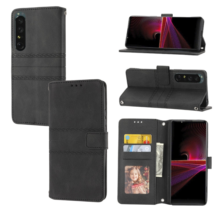 For Sony Xperia 1 IV Embossed Striped Magnetic Buckle Horizontal Flip Phone Leather Case