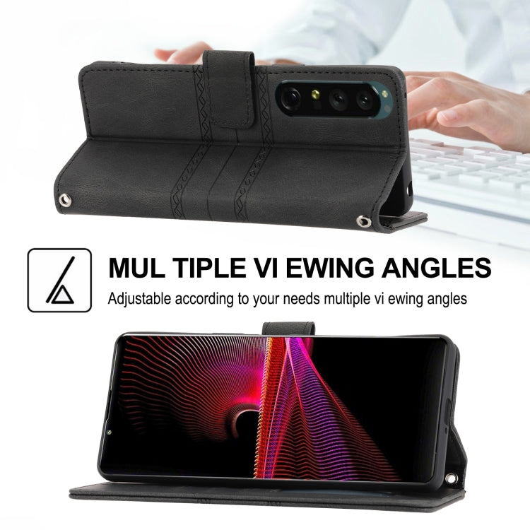 For Sony Xperia 1 IV Embossed Striped Magnetic Buckle Horizontal Flip Phone Leather Case