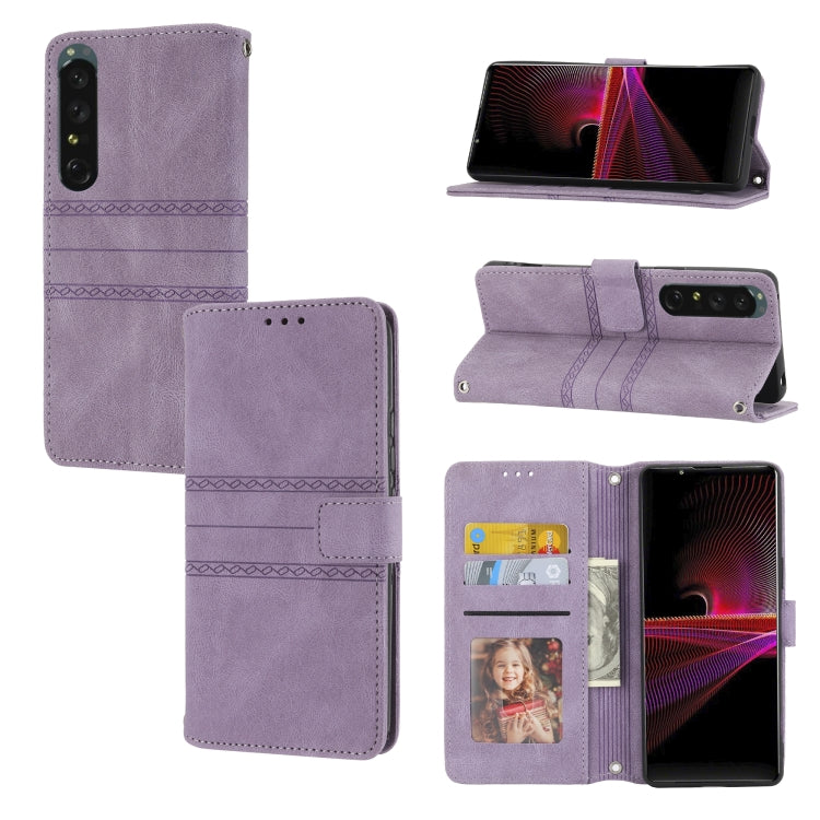 For Sony Xperia 1 IV Embossed Striped Magnetic Buckle Horizontal Flip Phone Leather Case