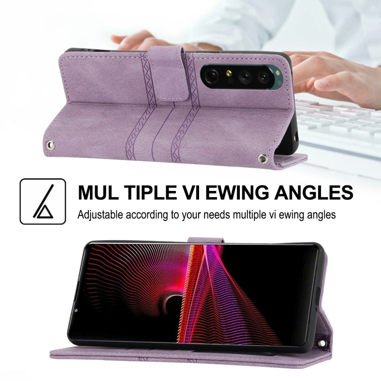 For Sony Xperia 1 IV Embossed Striped Magnetic Buckle Horizontal Flip Phone Leather Case