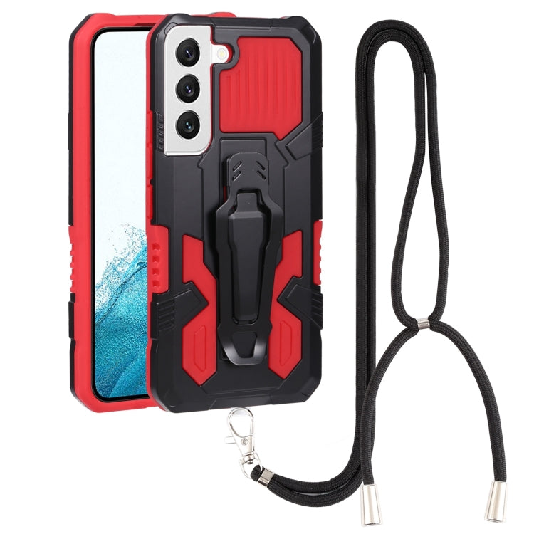 For Samsung Galaxy S22 5G Lanyard Mecha Armor Kickstand PC + TPU Phone Case