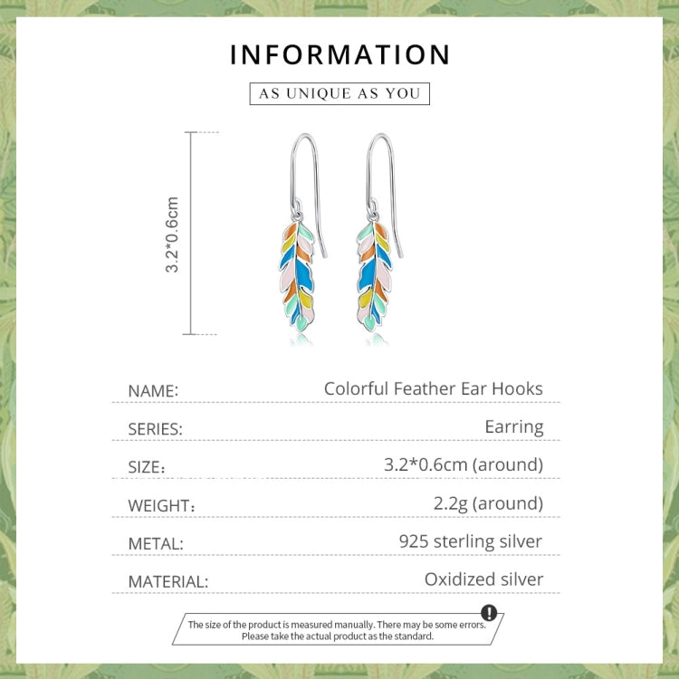 S925 Sterling Silver Colorful Feather Ear Hook Women Earrings