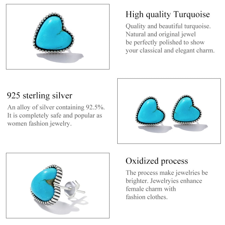 S925 Sterling Silver Heart Turquoise Ear Stud Women Earrings