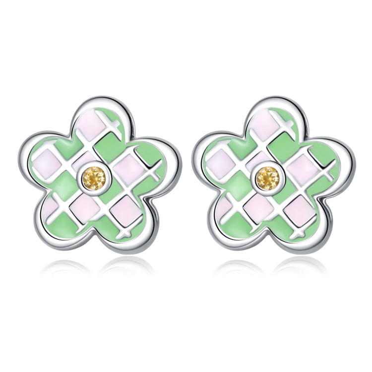 S925 Sterling Silver Checkerboard Flower Ear Stud Women Earrings
