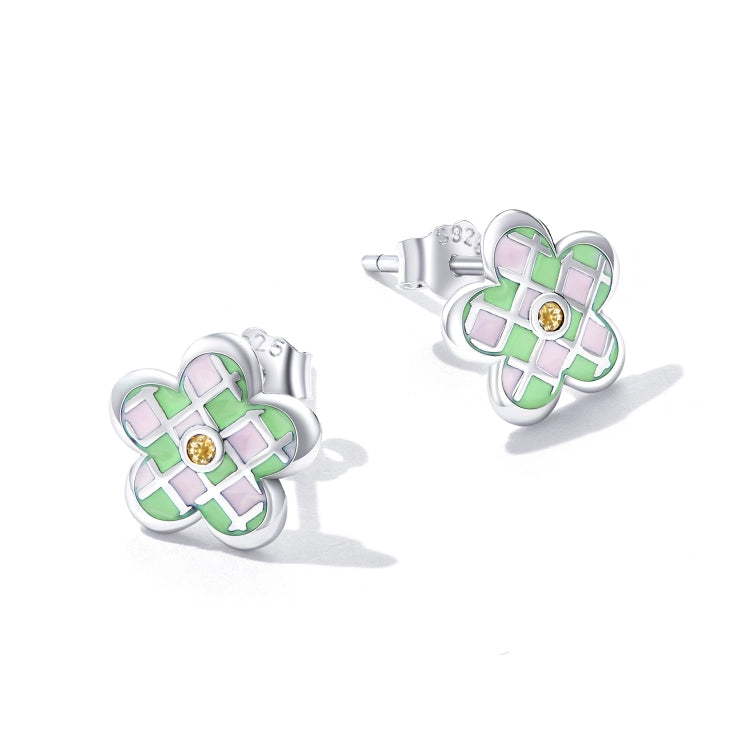 S925 Sterling Silver Checkerboard Flower Ear Stud Women Earrings