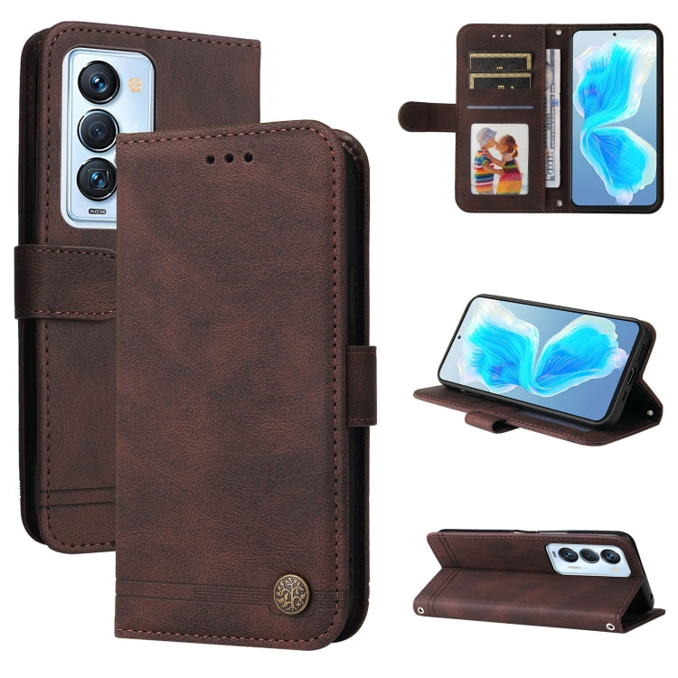 For Tecno Camon 18 Premier Skin Feel Life Tree Metal Button Leather Phone Case