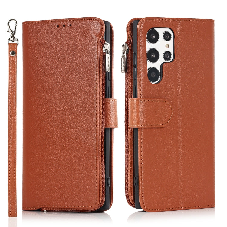 For Samsung Galaxy S22 Ultra 5G Microfiber Zipper Horizontal Flip Leather Case