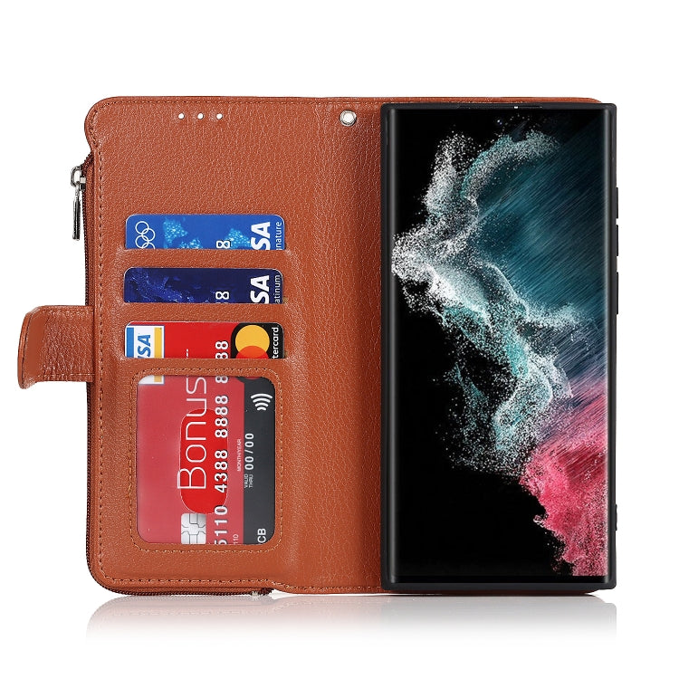 For Samsung Galaxy S22 Ultra 5G Microfiber Zipper Horizontal Flip Leather Case