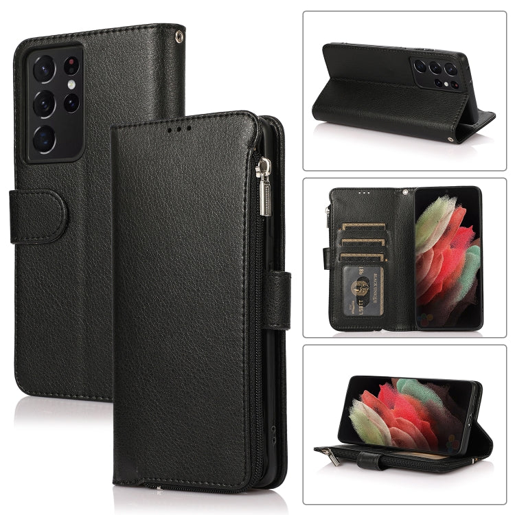 For Samsung Galaxy S21 Ultra 5G Microfiber Zipper Horizontal Flip Leather Case