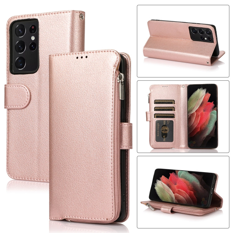For Samsung Galaxy S21 Ultra 5G Microfiber Zipper Horizontal Flip Leather Case