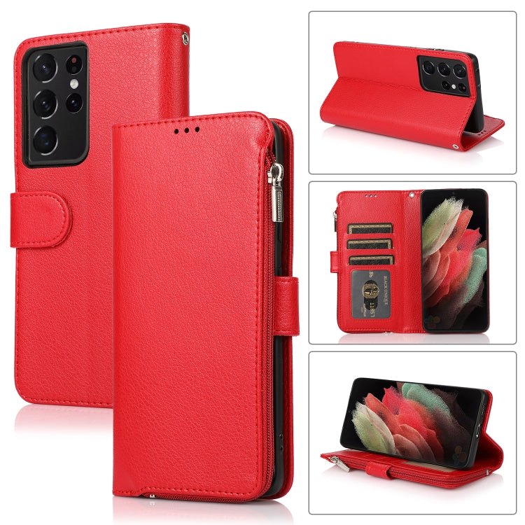 For Samsung Galaxy S21 Ultra 5G Microfiber Zipper Horizontal Flip Leather Case
