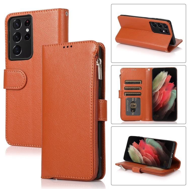 For Samsung Galaxy S21 Ultra 5G Microfiber Zipper Horizontal Flip Leather Case