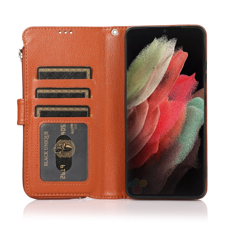 For Samsung Galaxy S21 Ultra 5G Microfiber Zipper Horizontal Flip Leather Case