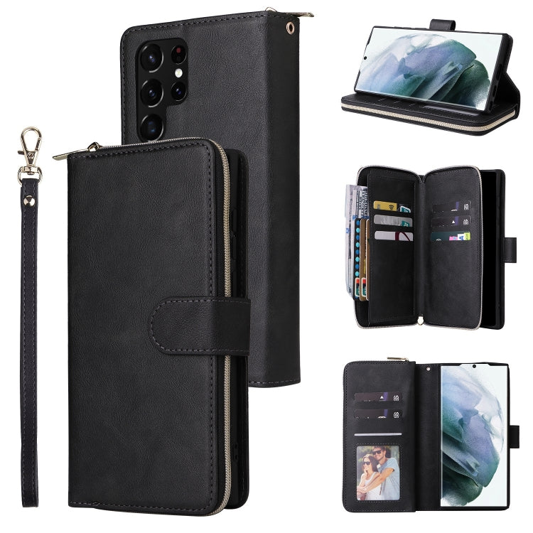 For Samsung Galaxy S22 Ultra 5G 9 Card Slots Zipper Wallet Bag Leather Phone Case