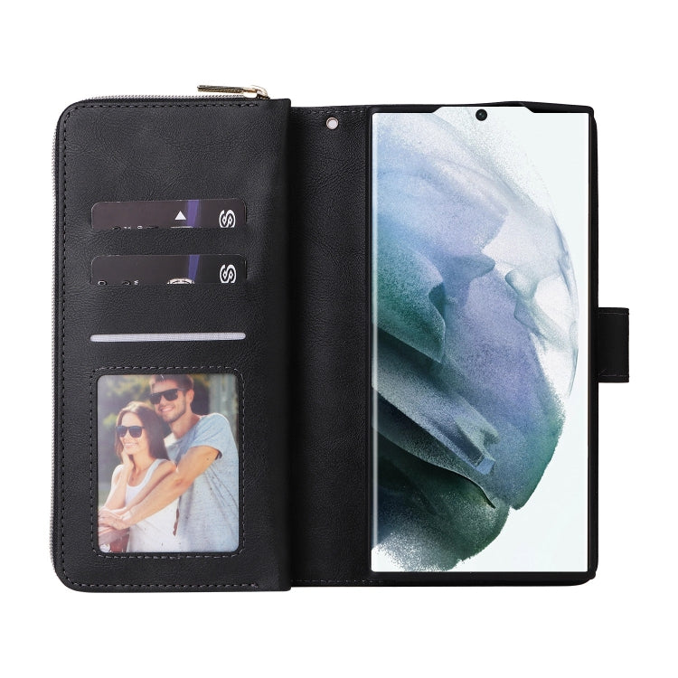 For Samsung Galaxy S22 Ultra 5G 9 Card Slots Zipper Wallet Bag Leather Phone Case