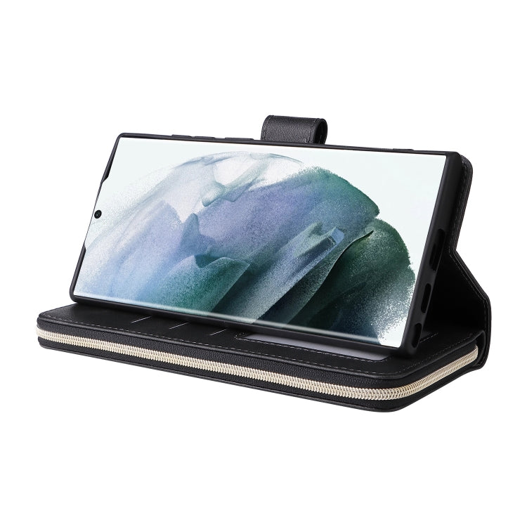 For Samsung Galaxy S22 Ultra 5G 9 Card Slots Zipper Wallet Bag Leather Phone Case