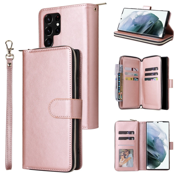 For Samsung Galaxy S22 Ultra 5G 9 Card Slots Zipper Wallet Bag Leather Phone Case