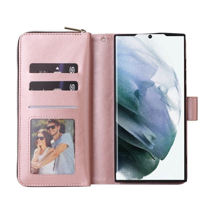 For Samsung Galaxy S22 Ultra 5G 9 Card Slots Zipper Wallet Bag Leather Phone Case