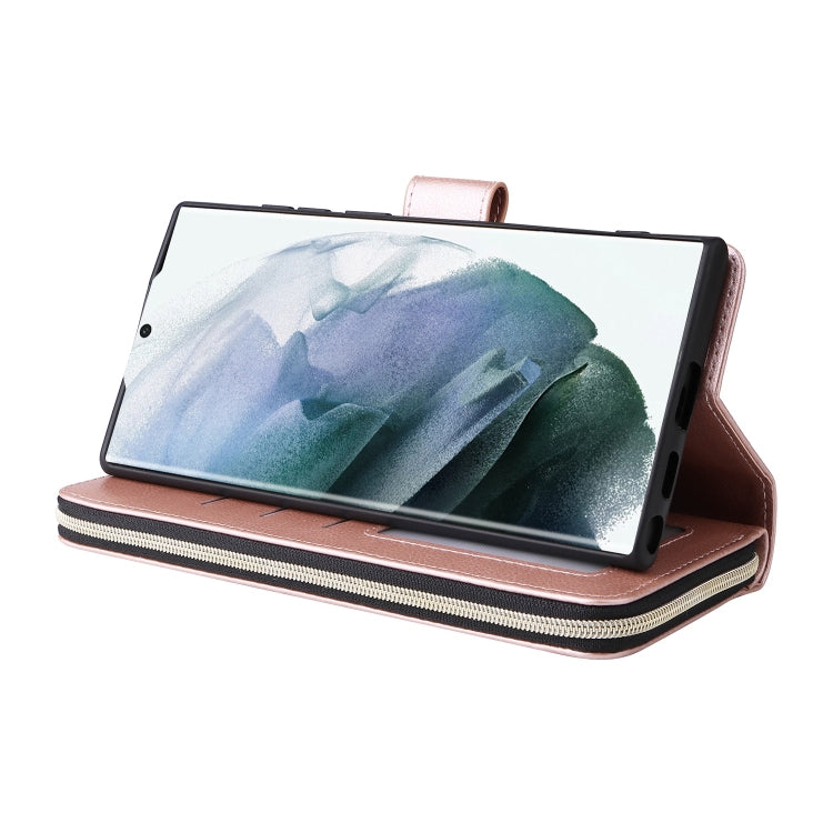 For Samsung Galaxy S22 Ultra 5G 9 Card Slots Zipper Wallet Bag Leather Phone Case
