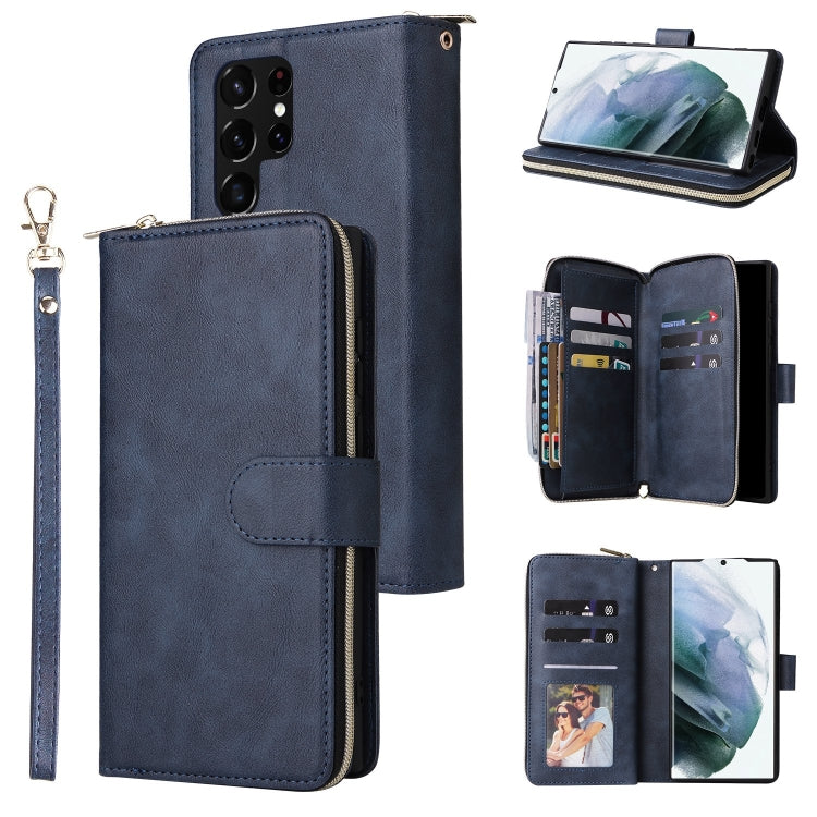 For Samsung Galaxy S22 Ultra 5G 9 Card Slots Zipper Wallet Bag Leather Phone Case