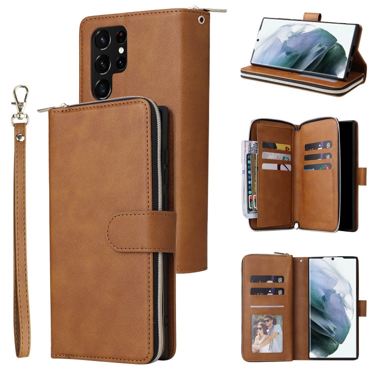 For Samsung Galaxy S22 Ultra 5G 9 Card Slots Zipper Wallet Bag Leather Phone Case