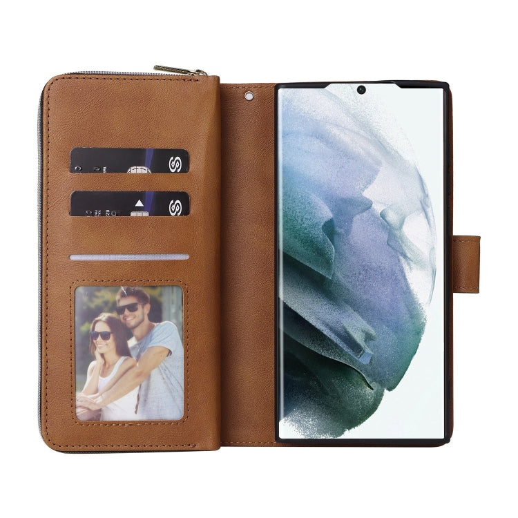 For Samsung Galaxy S22 Ultra 5G 9 Card Slots Zipper Wallet Bag Leather Phone Case