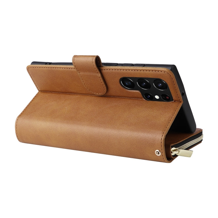 For Samsung Galaxy S22 Ultra 5G 9 Card Slots Zipper Wallet Bag Leather Phone Case
