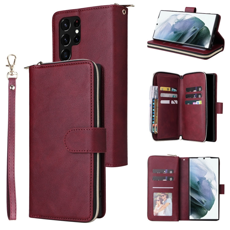 For Samsung Galaxy S22 Ultra 5G 9 Card Slots Zipper Wallet Bag Leather Phone Case