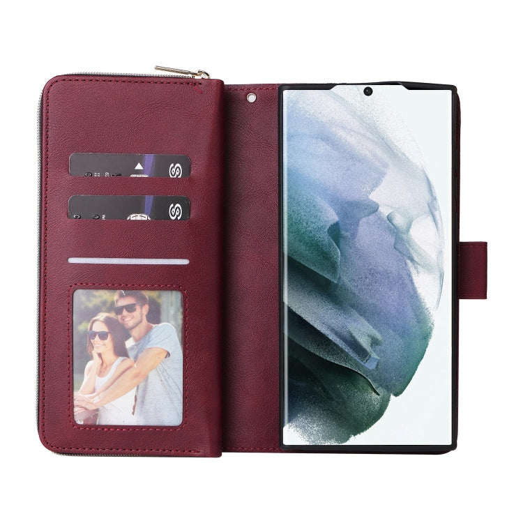 For Samsung Galaxy S22 Ultra 5G 9 Card Slots Zipper Wallet Bag Leather Phone Case