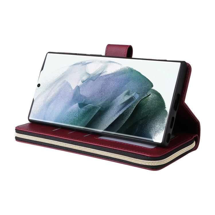 For Samsung Galaxy S22 Ultra 5G 9 Card Slots Zipper Wallet Bag Leather Phone Case