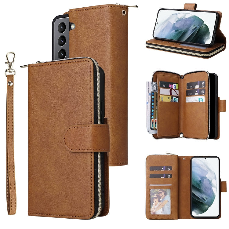 For Samsung Galaxy S22 5G 9 Card Slots Zipper Wallet Bag Leather Phone Case