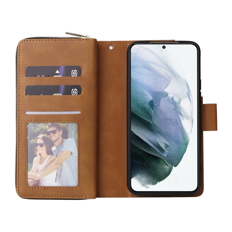 For Samsung Galaxy S22 5G 9 Card Slots Zipper Wallet Bag Leather Phone Case