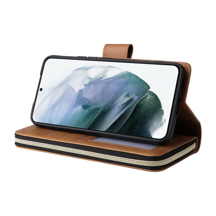 For Samsung Galaxy S22 5G 9 Card Slots Zipper Wallet Bag Leather Phone Case