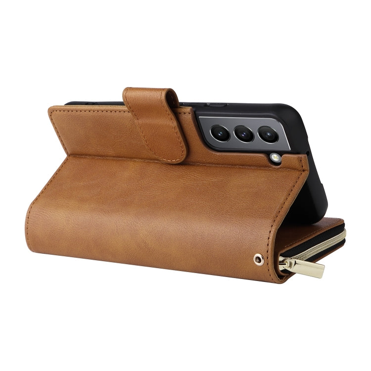 For Samsung Galaxy S22 5G 9 Card Slots Zipper Wallet Bag Leather Phone Case