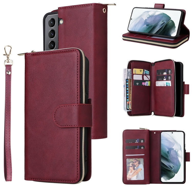 For Samsung Galaxy S22 5G 9 Card Slots Zipper Wallet Bag Leather Phone Case