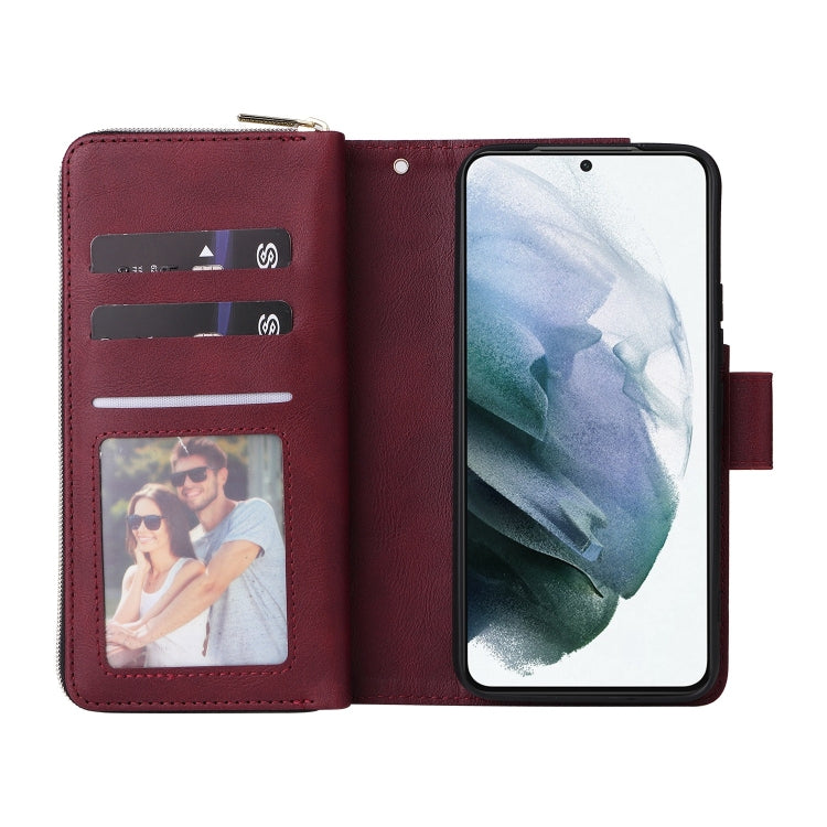 For Samsung Galaxy S22 5G 9 Card Slots Zipper Wallet Bag Leather Phone Case
