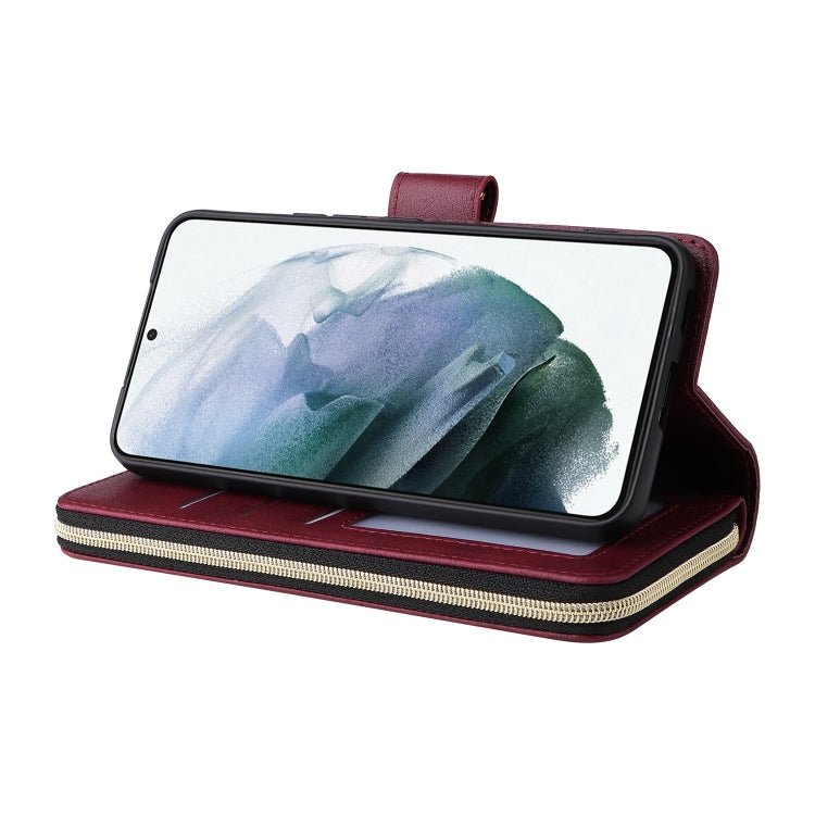 For Samsung Galaxy S22 5G 9 Card Slots Zipper Wallet Bag Leather Phone Case