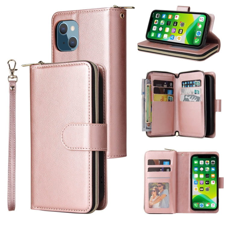 For iPhone 13 mini 9 Card Slots Zipper Wallet Bag Leather Phone Case