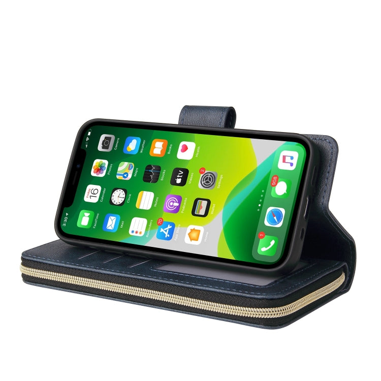 For iPhone 13 mini 9 Card Slots Zipper Wallet Bag Leather Phone Case