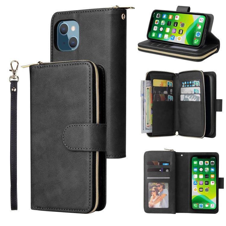 For iPhone 13 9 Card Slots Zipper Wallet Bag Leather Phone Case