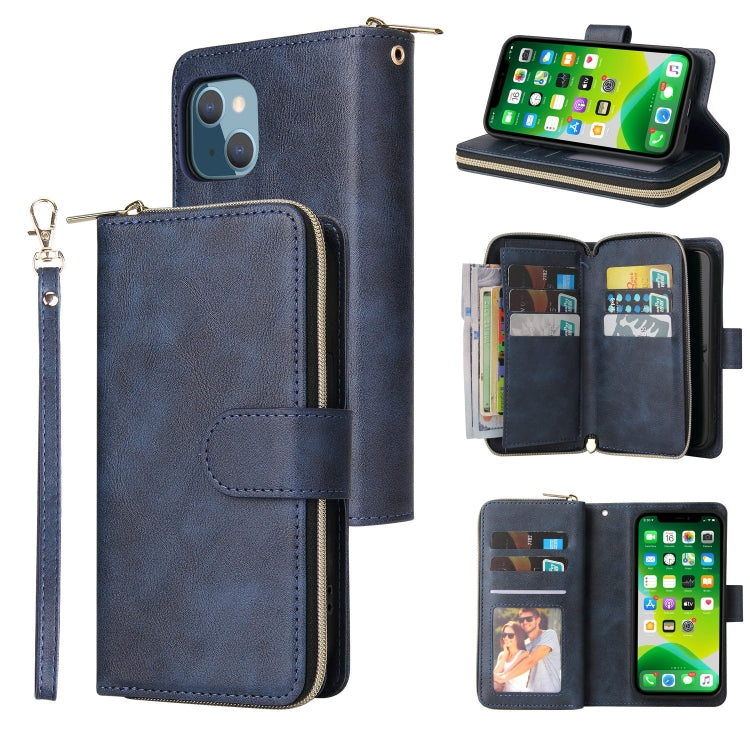 For iPhone 13 9 Card Slots Zipper Wallet Bag Leather Phone Case