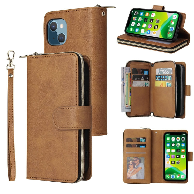 For iPhone 13 9 Card Slots Zipper Wallet Bag Leather Phone Case
