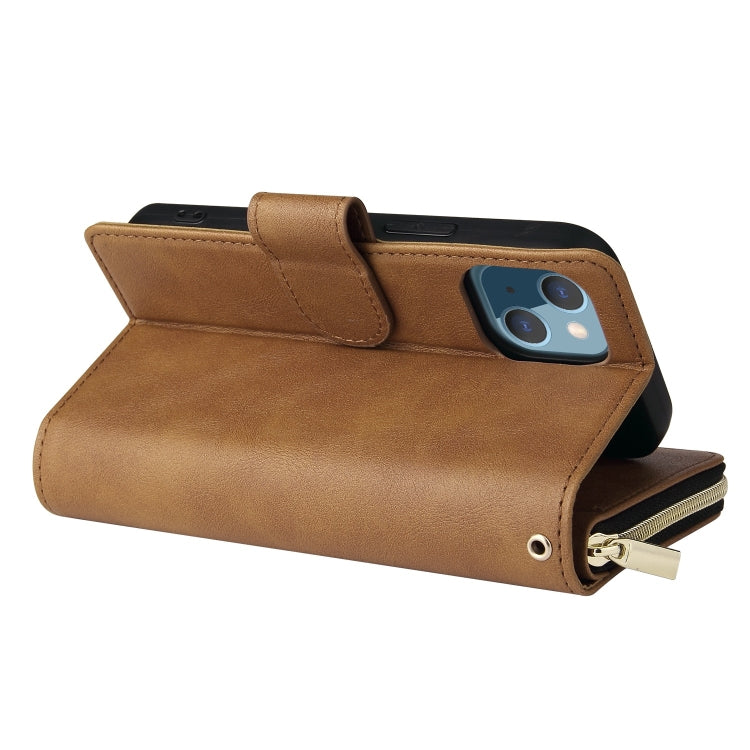 For iPhone 13 9 Card Slots Zipper Wallet Bag Leather Phone Case