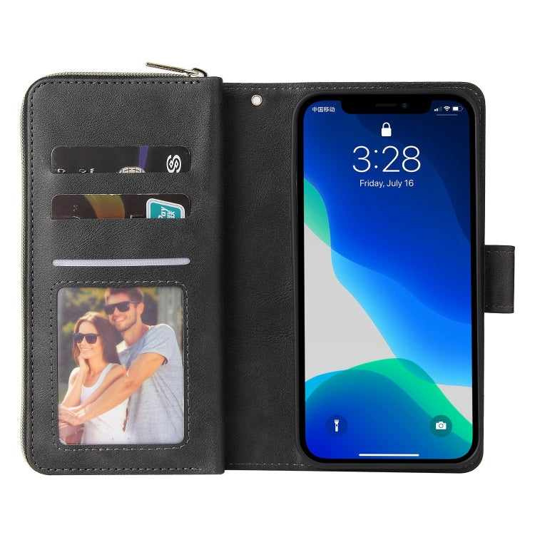 For iPhone 13 Pro 9 Card Slots Zipper Wallet Bag Leather Phone Case